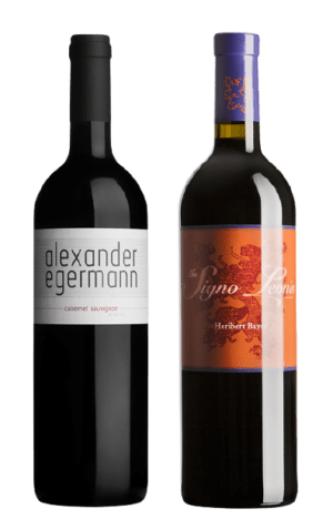 Zwei Rotweinflaschen, Cabernet Sauvignon 2015, Alexander Egermann, Cuvée In Signo Leonis, Heribert Bayer