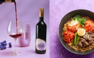 Alkoholfreier Rotwein Leonis Blend und daneben ein Teller mit Udonnudeln und Rindfleisch