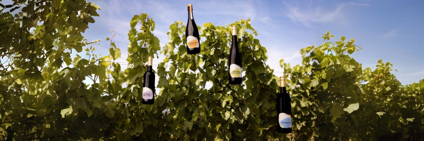 Die vier Weinflaschen der Weine Zeronimo Grüner Veltliner, Zeronimo Sparkling Select, Zeronimo Leonis Blend und Zeronimo Zweigelt schweben in der Luft